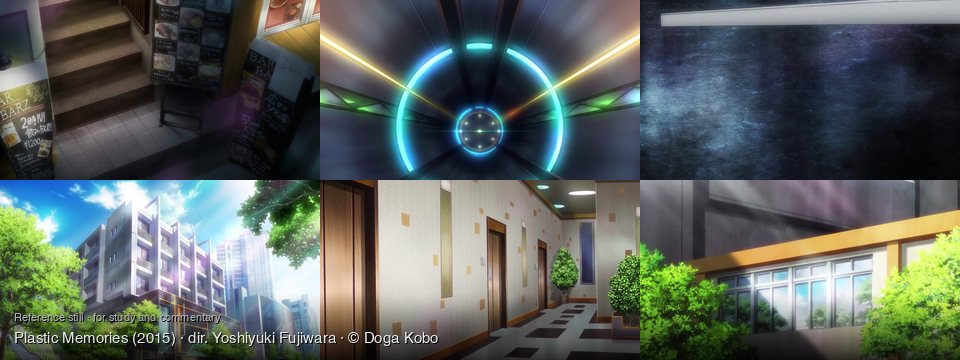 Plastic Memories background art — Outside a bar at night; Inside a futuristic tunnel; dark, textured surface; Urban area, sunny day; A modern building hallway; Outside a building, daytime