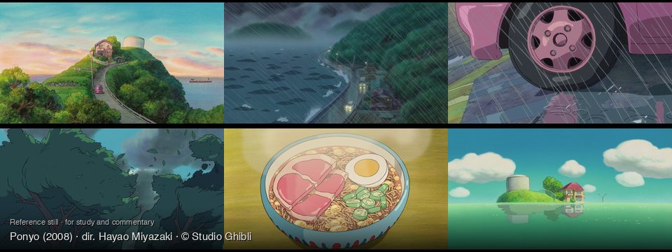 Ponyo background art — Coastal hill at sunset; Coastal road, stormy weather; On a wet, paved road; Forest during a storm; on a wooden table; A small island in water