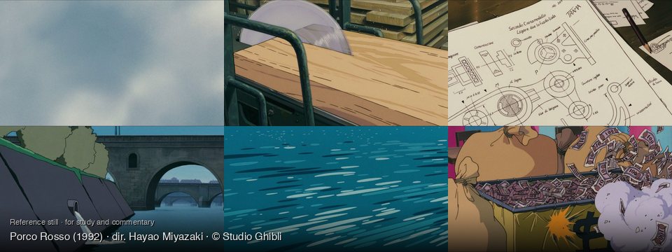 Porco Rosso background art — Overcast sky; Inside a busy lumber mill; On a wooden desk; A river with stone bridges; Open water, daytime; Inside a room
