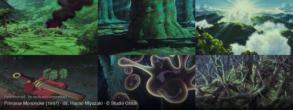 Princess Mononoke background art — A verdant valley with a village; A mystical, overgrown forest; misty mountain landscape; On a forest floor at night; a microscopic, dark environment; a dark, overgrown forest