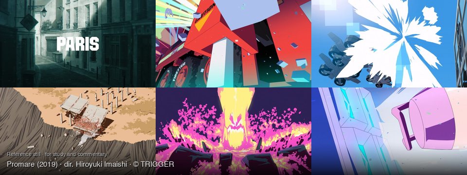Promare background art — A dark, grainy street in Paris; A vibrant, abstract environment; Urban sky with a building; A desolate, broken landscape; A volcanic, fiery landscape; futuristic building, bright sky