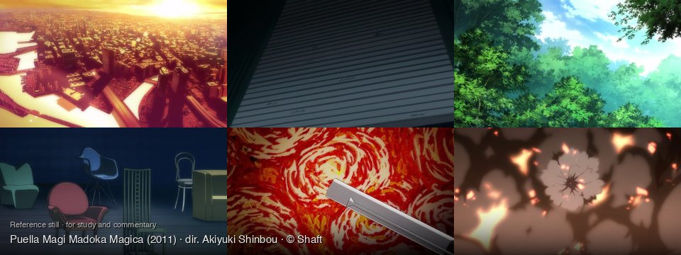 Puella Magi Madoka Magica background art — a vast urban landscape; A dark, industrial area; A dense forest canopy; A dimly lit room; Against a vibrant abstract background; Amidst smoke and fire