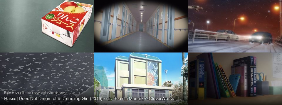 Rascal Does Not Dream of a Dreaming Girl background art — on a dark gray surface; Inside a hospital corridor; Snowy road at night; ocean at dusk; Snowy building exterior; On a wooden desk