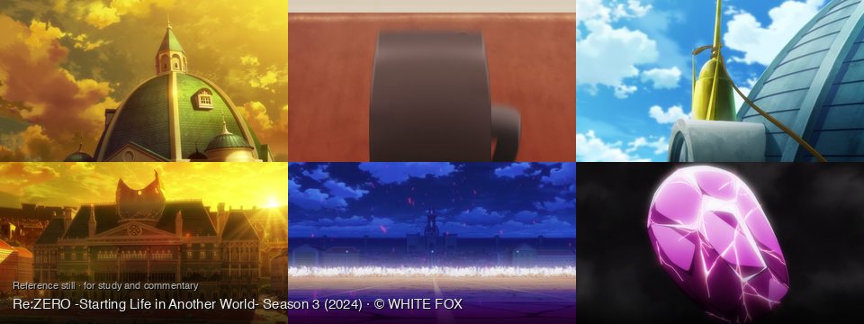 Re:ZERO -Starting Life in Another World- Season 3 background art — Under a dramatic sunset sky; Indoors, abstract background; On a building rooftop; A ruined city at sunset; a large walled city; Dark, smoky void