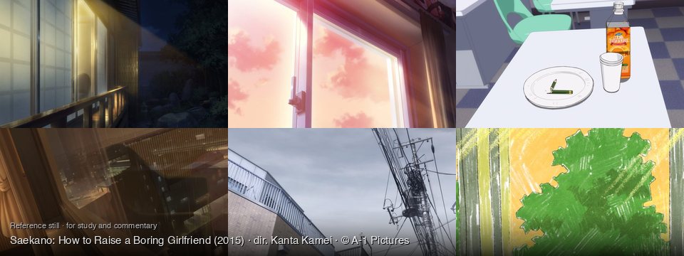Saekano: How to Raise a Boring Girlfriend background art — Traditional Japanese house at night; Inside a room, looking out; on a white table; City at night, raining; Urban street, daytime; A sunlit forest