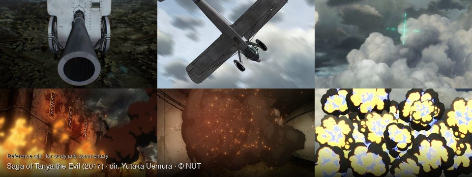 Saga of Tanya the Evil background art — on a desolate battlefield; Cloudy sky; Cloudy sky; A burning building at night; Inside a grimy, industrial room; Amidst a cloudy sky