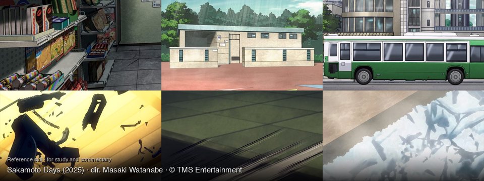 Sakamoto Days background art — Inside a convenience store; An outdoor building with trees; a city street; Bright yellow background; Indoors, on a tiled floor; a cold, icy environment