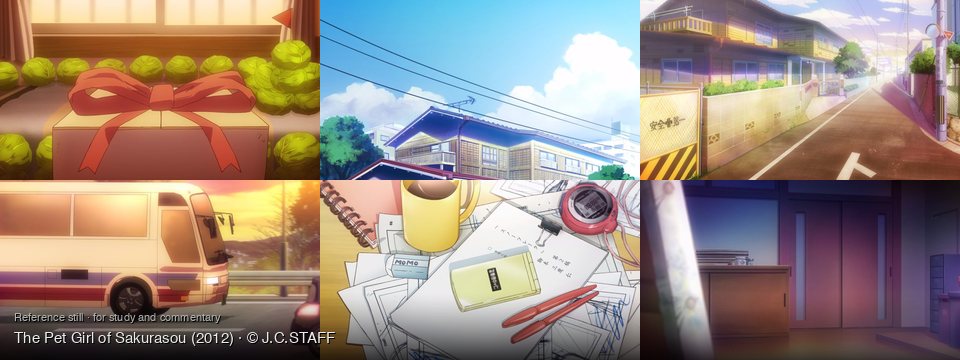 The Pet Girl of Sakurasou background art — indoors, on a table; A Japanese residential area; A suburban street at sunset; highway at sunset; A cluttered desk; Indoors, a room