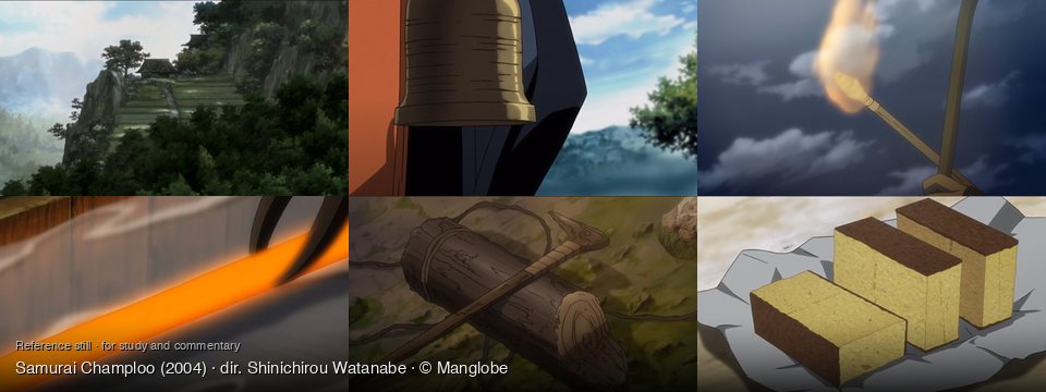 Samurai Champloo background art — A serene mountain landscape; Outdoors, near a temple; Outdoors, under a cloudy sky; Inside a dark industrial facility; Forest floor with logs; On a light gray surface