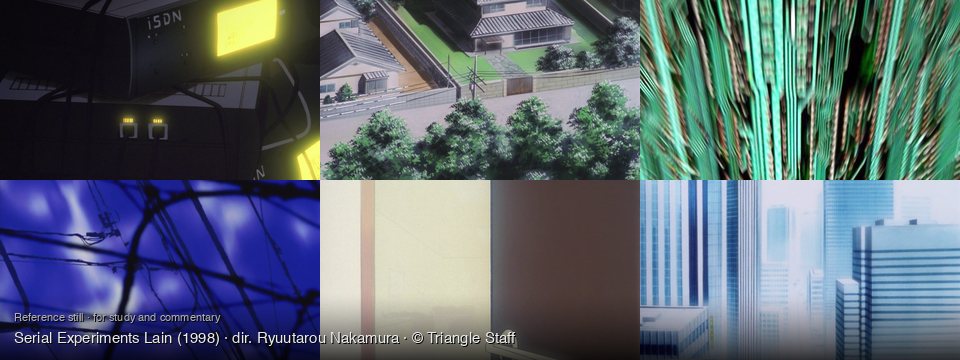 Serial Experiments Lain background art — A dark server room; A quiet suburban street; inside a computer; Against a blue sky; A modern indoor space; A city on a hazy day