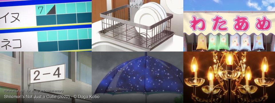 Shikimori's Not Just a Cutie background art — On a digital screen; a kitchen counter; Outdoor festival stall; Inside a school hallway; Outdoors, during a rain shower; Indoors, dimly lit room