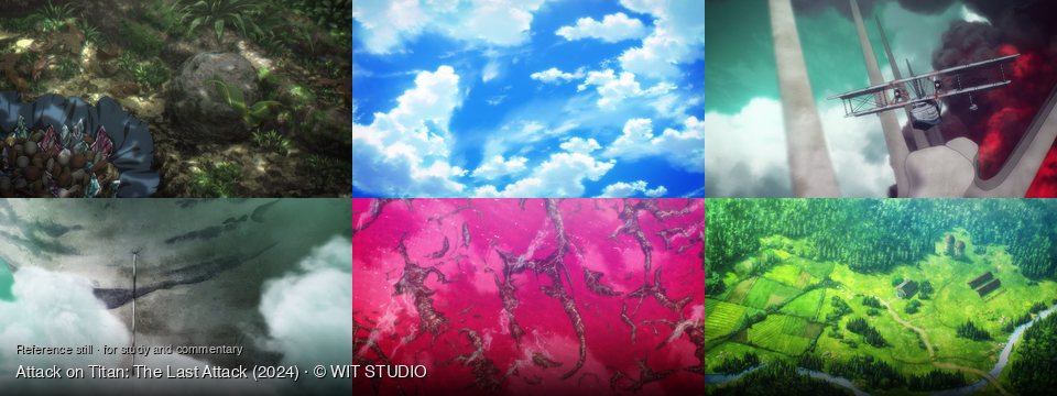 Attack on Titan: The Last Attack background art — Lush forest floor; A clear blue sky; a surreal sky with bones; Above a cloud-covered landscape; a biological, fluid environment; A verdant valley with a farm