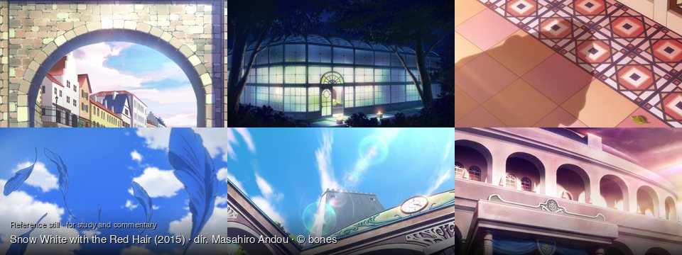Snow White with the Red Hair background art — A European-style town; Outside a greenhouse at night; Indoors, on a tiled floor; Bright blue sky with clouds; Outdoors, under a bright sky; Grand building under colorful sky