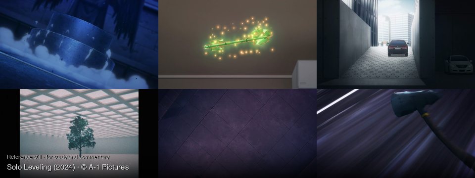 Solo Leveling background art — Dark, misty, blue environment; Indoors, dark room; a city parking garage; An expansive, minimalist indoor space; A dark tiled floor; a dark, streaky background