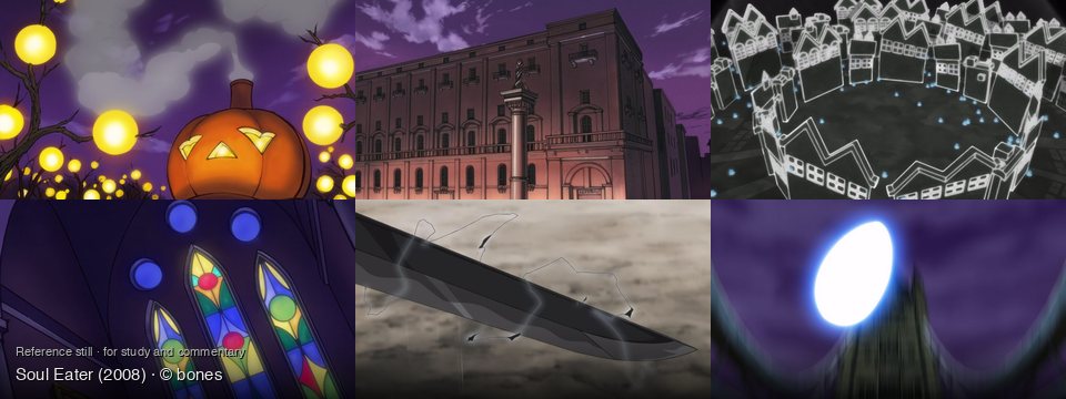 Soul Eater background art — A spooky, glowing pumpkin patch; a city at twilight; A dark, ethereal town; Inside a dimly lit church; Cloudy, rainy sky; Above a dark building
