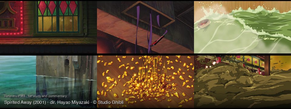 Spirited Away background art — Exterior of a building; Inside a dark, industrial room; A green, wavy pool; Submerged building in water; On a wooden floor; Inside a traditional bathhouse