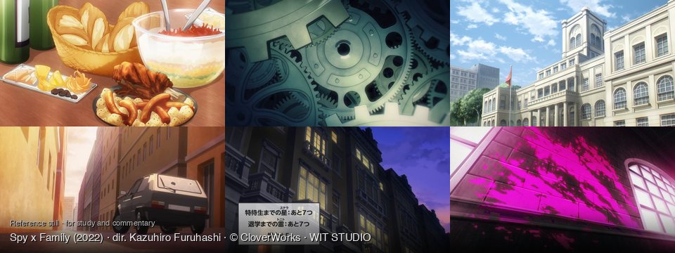 Spy x Family background art — A dining table indoors; Inside a complex machine; Outside a large building; a city street; Outside a building at dusk; Dark brick wall, two windows