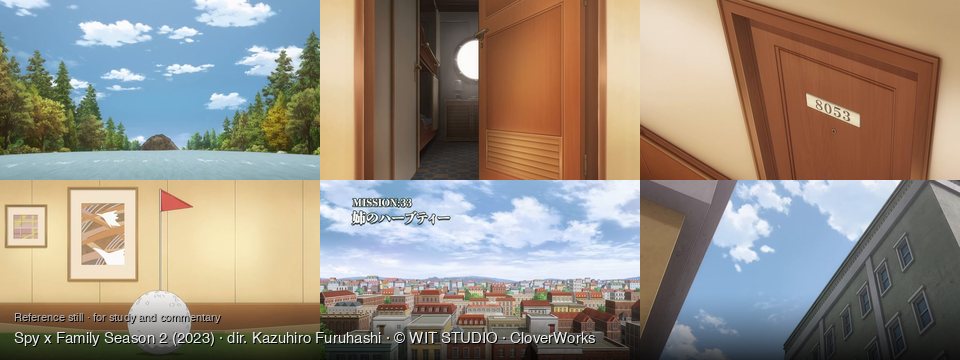 Spy x Family Season 2 background art — A river in a forest; Inside a ship's cabin; Inside a building hallway; indoors on a golf putting green; A bustling city; Urban street, daytime