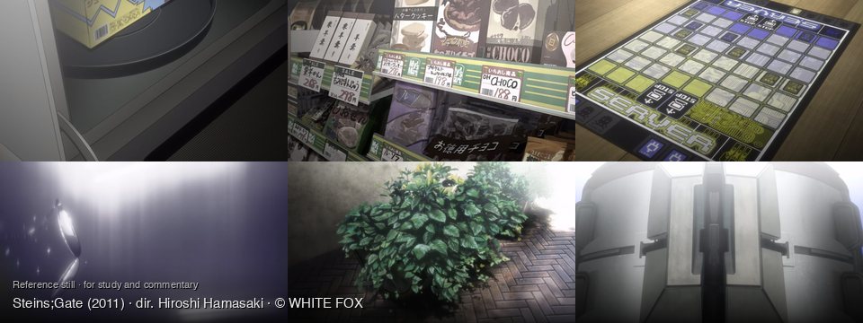 Steins;Gate background art — Inside a microwave oven; Inside a convenience store; On a wooden table; A dark, ethereal space; Outdoor path with foliage; Inside a futuristic chamber