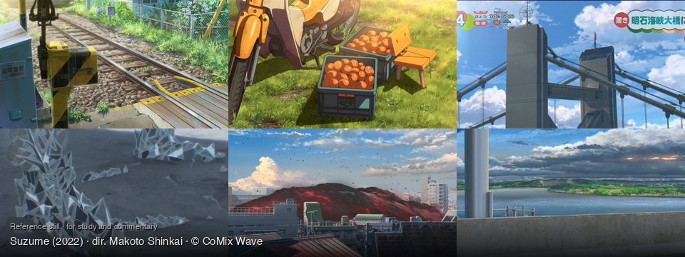 Suzume background art — Rural railroad crossing; A grassy field at sunset; Akashi Kaikyō Bridge, daytime; A barren, icy terrain; A city under a strange sky; A river in a rural area