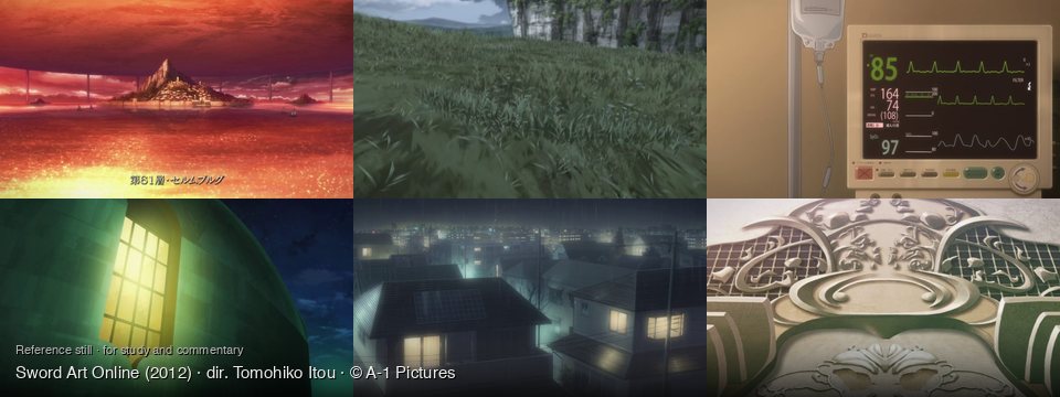 Sword Art Online background art — a city on a mountain island; A vast grassy field; Inside a hospital room; Outside a stone building; Rainy city at night; Indoors, on a decorative wall