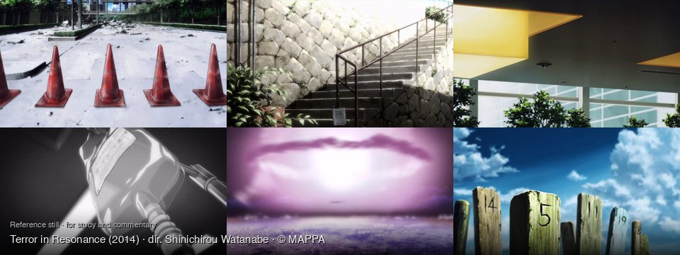 Terror in Resonance background art — a desolate urban street; Outdoor stone staircase on hill; Modern building interior; Medical facility, dimly lit; A futuristic city at dusk; Under a bright blue sky
