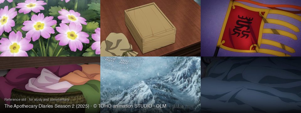 The Apothecary Diaries Season 2 background art — A vibrant garden bed; On a wooden table; Outdoors, against a purple sky; Under a wooden surface; Snowy mountain range; a dark bedroom
