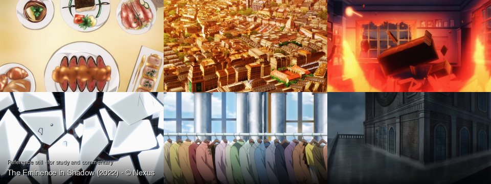 The Eminence in Shadow background art — A dining table; A bustling European city; A burning room; A shattered glass surface; Indoors, near a window; on a rooftop at dusk
