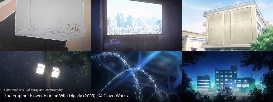 The Fragrant Flower Blooms With Dignity background art — Inside a patisserie; Indoors, with a city view; Outside a school building; Under a starry night sky; Dark space with blue lights; Urban area at night