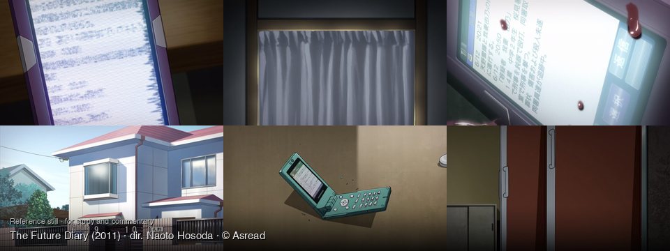 The Future Diary background art — Indoors, on a surface; Inside a dimly lit room; On a phone screen; Outside a suburban house; On a brown surface; Inside a room