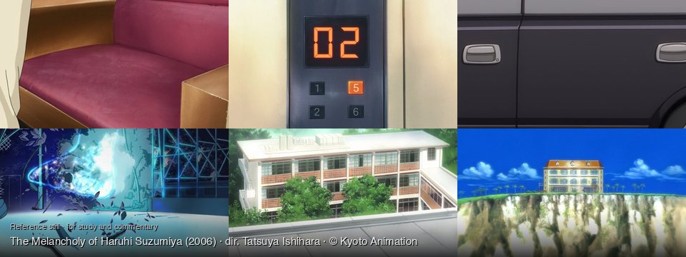 The Melancholy of Haruhi Suzumiya background art — Indoors, on a sofa; Inside an elevator; Side of a dark car; Indoors, a destroyed room; Outside a school building; Tropical cliffside under blue sky