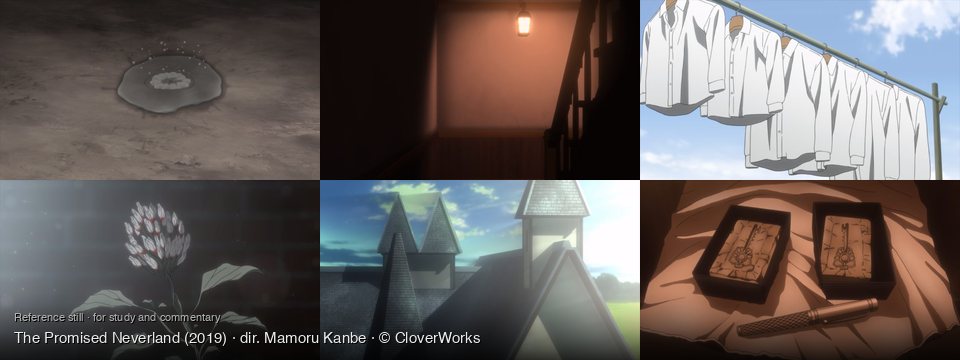 The Promised Neverland background art — On dry, cracked ground; Dark, old house interior; Outdoors on a sunny day; a dark, hazy room; rooftop, sunny day; On a white cloth