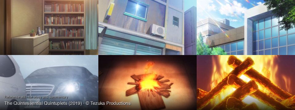 The Quintessential Quintuplets background art — A cozy room with a bookshelf; Urban building exterior, daytime; Outside a modern building; snowy outdoor parking lot; a dark, warm room; Outdoor, at night