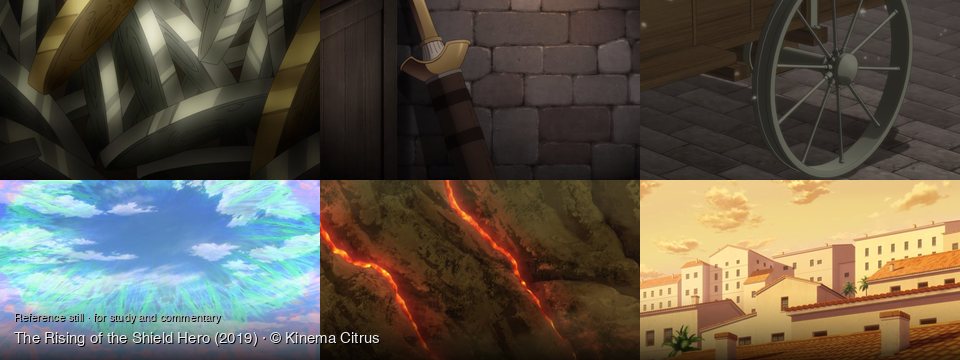 The Rising of the Shield Hero background art — Inside a dark storage room; Inside a medieval-style building; on a cobblestone street; A surreal, colorful sky; Volcanic planet with lava rivers; A city at sunset
