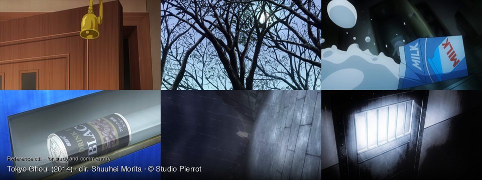 Tokyo Ghoul background art — Inside a building; Outdoors, forest, daytime; on a dark surface; Inside a vending machine; a dark, rainy city; Inside a dark, metallic room