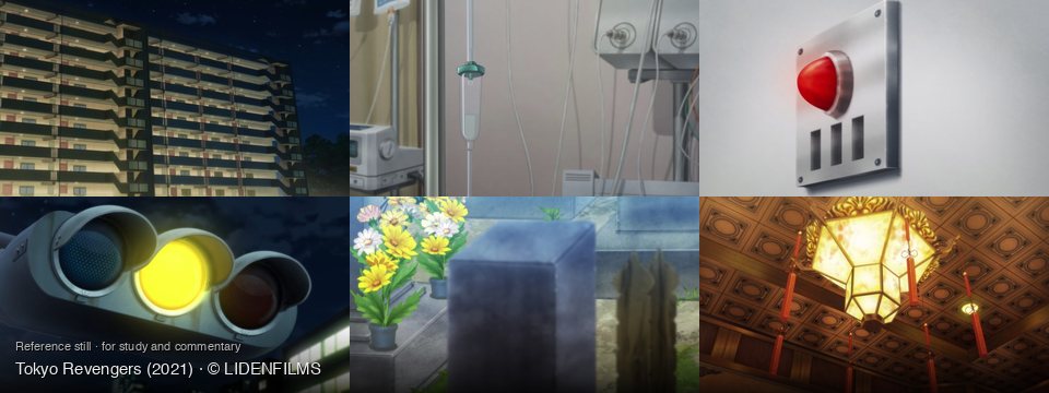 Tokyo Revengers background art — Outside an apartment building; Inside a hospital room; On a light-colored wall; Urban street at night; A stone monument and flowers; Indoors, traditional room