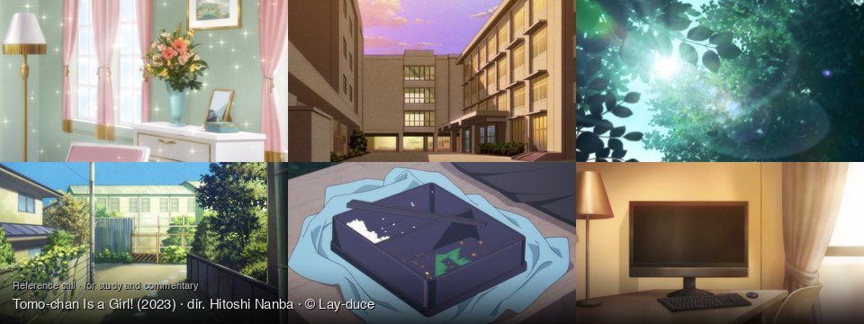 Tomo-chan Is a Girl! background art — A brightly lit room; Outside a school building; A vibrant forest canopy; A residential street in Japan; Outdoors on a stone surface; A sunlit room