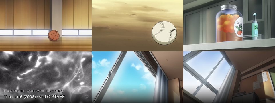 Toradora! background art — An indoor basketball court; On dusty ground outdoors; A kitchen shelf; Liquid surface, close-up; Inside a room, looking out; Inside a classroom