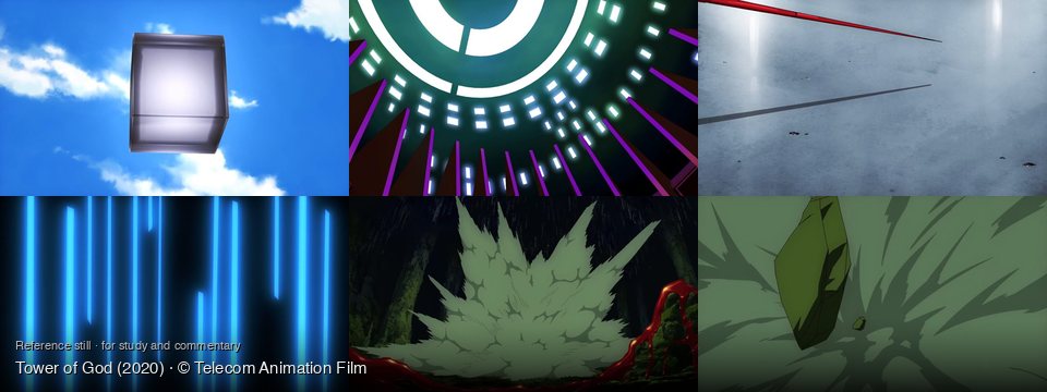 Tower of God background art — Bright blue sky with clouds; Inside a futuristic, circular room; A vast, misty grey landscape; dark abstract space; Inside a dark cave; An abstract green space
