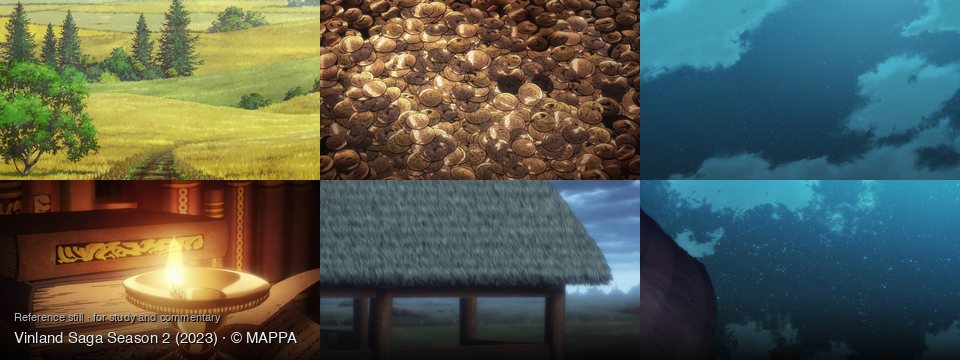 Vinland Saga Season 2 background art — Rolling golden fields and trees; A treasure hoard; Night sky with clouds; a dimly lit study; Rural field, rainy day; night sky with clouds