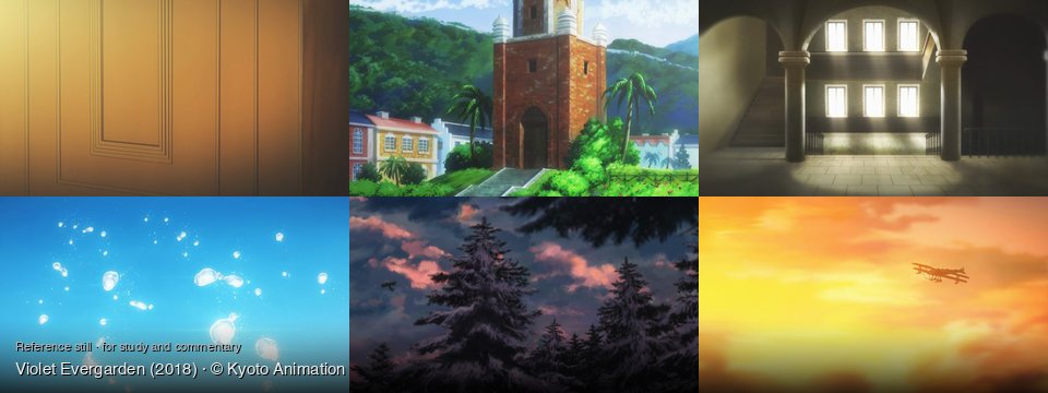 Violet Evergarden background art — An interior wall; A vibrant, tropical town; A grand, sunlit hall; Bright blue sky; Winter forest at dusk; bright orange and yellow sky