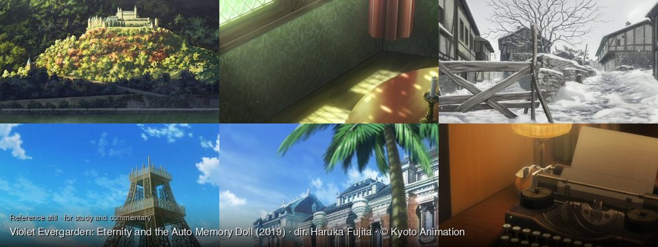 Violet Evergarden: Eternity and the Auto Memory Doll background art — Castle on a terraced hill; A sunlit room interior; A snowy village street; Under a clear sky; a grand building, outdoors; A dimly lit room