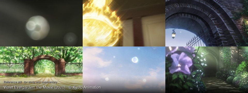 Violet Evergarden: the Movie background art — Dark, hazy, abstract space; an abstract, glowing space; An old stone archway at dusk; A tree-lined dirt road; A pastel sky with clouds; A sunlit garden path