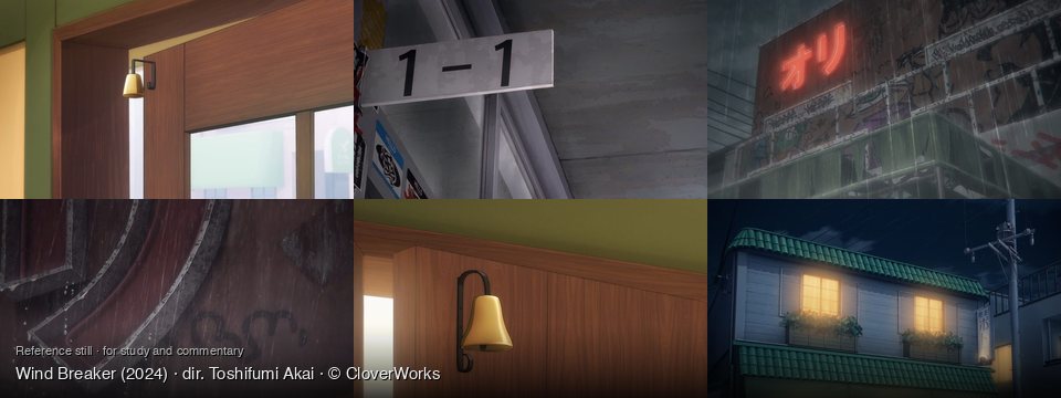 Wind Breaker background art — Indoors, near a door; Inside a building hallway; Urban street, night, rain; a rainy, dark environment; Indoors, by a doorway; Urban street at night
