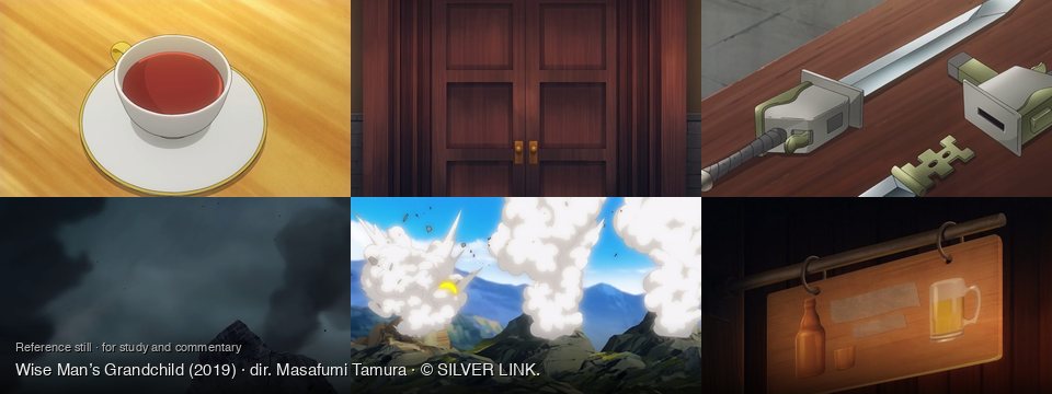Wise Man’s Grandchild background art — On a golden table; Dimly lit hallway; On a wooden table; A desolate, cloudy landscape; Rocky landscape under blue sky; A dimly lit bar or pub
