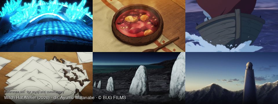 Witch Hat Atelier background art — on a house roof; On a wooden table; Open sea at twilight; on a wooden table; a dark, rocky shore; Coastal mountains at dawn