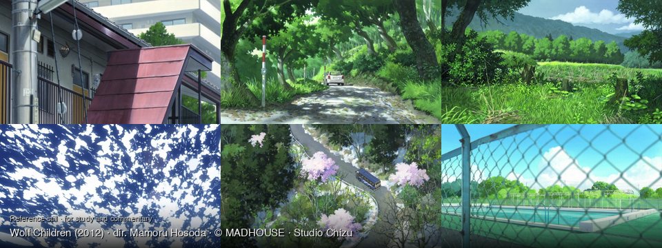 Wolf Children background art — Urban residential area; A lush, green forest road; a vibrant natural landscape; on a reflective blue surface; A winding road in a forest; Outdoor swimming pool on a sunny