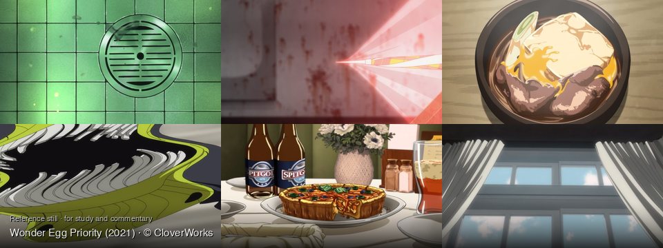 Wonder Egg Priority background art — A tiled green floor; Against a blood-splattered wall; indoors, on a wooden table; A surreal, distorted space; A restaurant table; a room with large windows