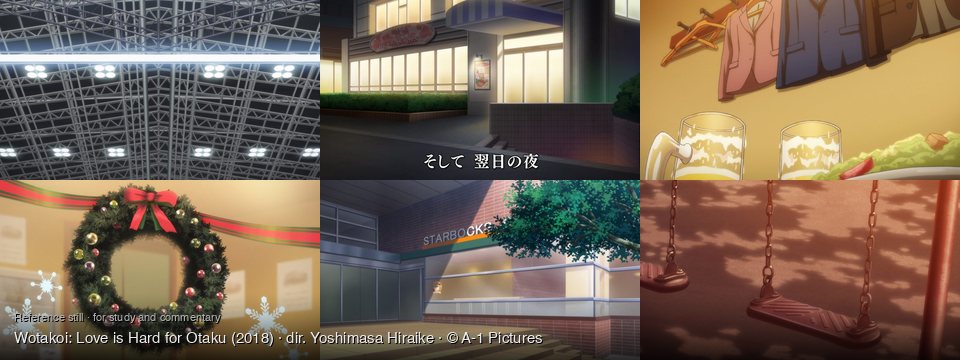 Wotakoi: Love is Hard for Otaku background art — Indoor venue ceiling; Outside a cafe at night; a bar or restaurant; Indoors, festive holiday decoration; Outside a Starbucks building; An empty playground at sunset