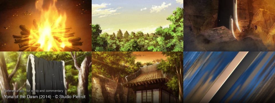 Yona of the Dawn background art — Outdoors at night; A vibrant forest landscape; a dark, rocky cavern; A sun-dappled forest; Traditional building, lush trees; Close-up of a sword